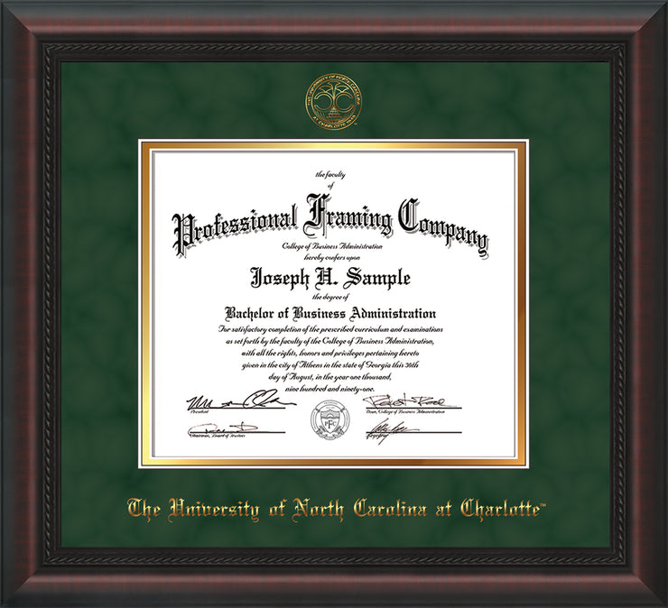 Image of University of North Carolina Charlotte Diploma Frame - Mahogany Braid - w/Official Embossing of UNCC Seal & Name - Green Suede on Gold mats