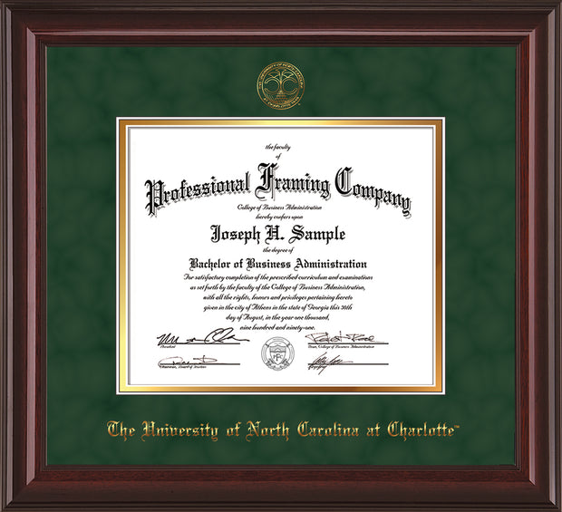 Image of University of North Carolina Charlotte Diploma Frame - Mahogany Lacquer - w/Official Embossing of UNCC Seal & Name - Green Suede on Gold mats