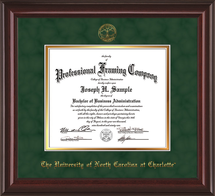 Image of University of North Carolina Charlotte Diploma Frame - Mahogany Lacquer - w/Official Embossing of UNCC Seal & Name - Green Suede on Gold mats