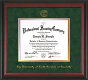 Image of University of North Carolina Charlotte Diploma Frame - Rosewood - w/Official Embossing of UNCC Seal & Name - Green Suede on Gold mats