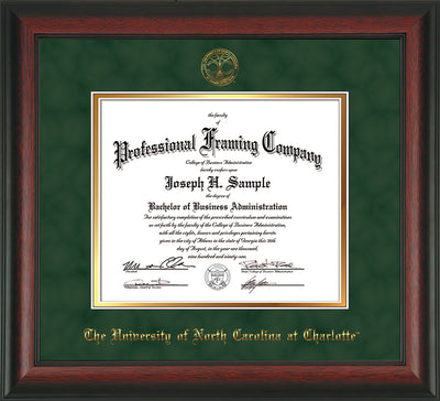 Image of University of North Carolina Charlotte Diploma Frame - Rosewood - w/Official Embossing of UNCC Seal & Name - Green Suede on Gold mats