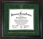 Image of University of North Carolina Charlotte Diploma Frame - Vintage Black Scoop - w/Official Embossing of UNCC Seal & Name - Green Suede on Gold mats