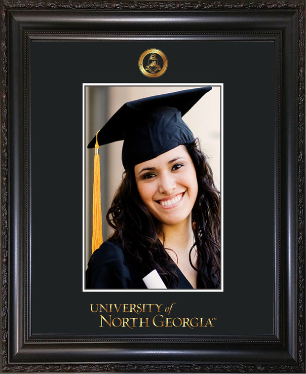 Image of University of North Georgia 5 x 7 Photo Frame - Vintage Black Scoop - w/Official Embossing of Military Seal & UNG Wordmark - Single Black mat