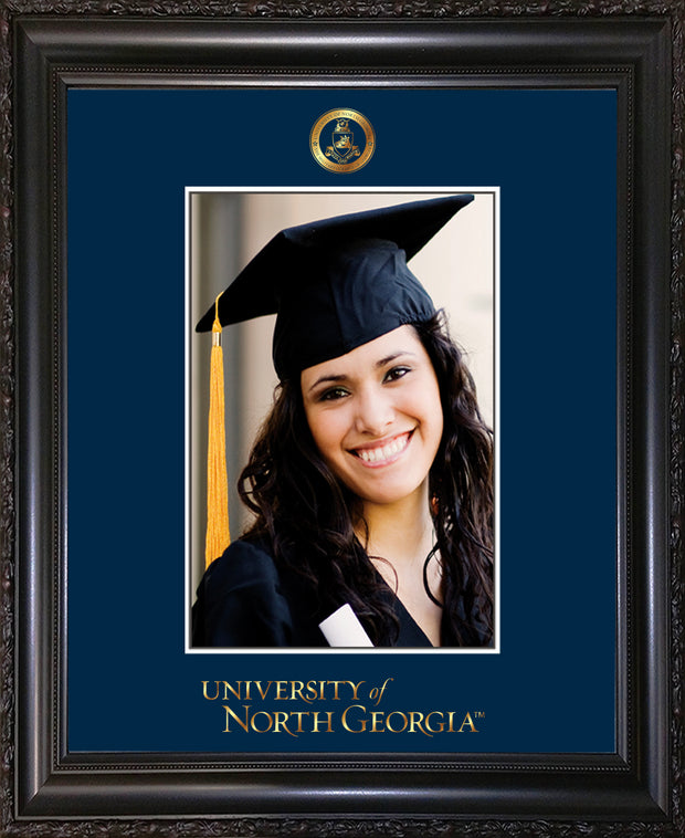 Image of University of North Georgia 5 x 7 Photo Frame - Vintage Black Scoop - w/Official Embossing of Military Seal & UNG Wordmark - Single Navy mat