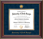Image of University of North Georgia Diploma Frame - Cherry Lacquer - w/24k Gold-Plated UNG Medallion & Name Embossing - Navy Suede on Gold mats