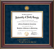 Image of University of North Georgia Diploma Frame - Cherry Lacquer - w/24k Gold-Plated UNG Medallion & Wordmark Embossing - Navy Suede on Gold mats