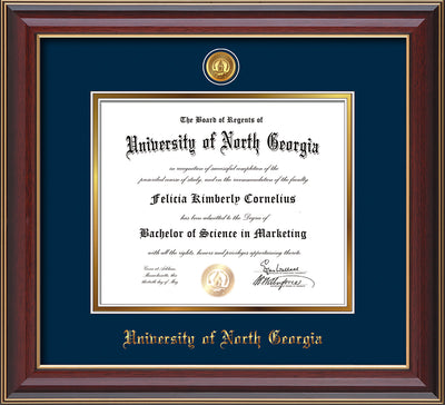 Image of University of North Georgia Diploma Frame - Cherry Lacquer - w/24k Gold-Plated UNG Medallion & Name Embossing - Navy on Gold mats