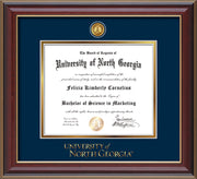 Image of University of North Georgia Diploma Frame - Cherry Lacquer - w/24k Gold-Plated UNG Medallion & Wordmark Embossing - Navy on Gold mats
