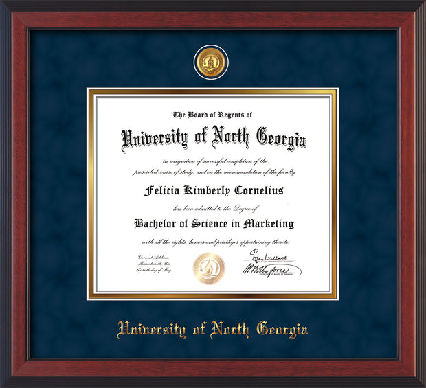 Image of University of North Georgia Diploma Frame - Cherry Reverse - w/24k Gold-Plated UNG Medallion & Name Embossing - Navy Suede on Gold mats