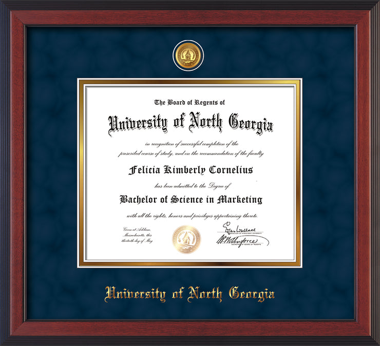 Image of University of North Georgia Diploma Frame - Cherry Reverse - w/24k Gold-Plated UNG Medallion & Name Embossing - Navy Suede on Gold mats