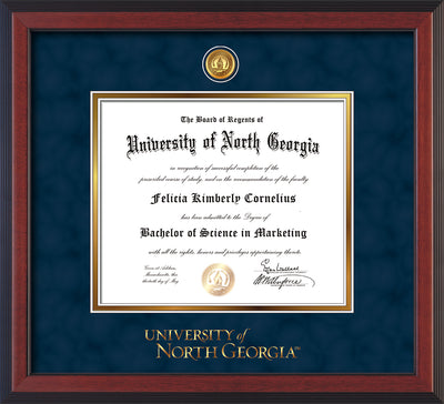 Image of University of North Georgia Diploma Frame - Cherry Reverse - w/24k Gold-Plated UNG Medallion & Wordmark Embossing - Navy Suede on Gold mats