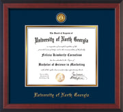 Image of University of North Georgia Diploma Frame - Cherry Reverse - w/24k Gold-Plated UNG Medallion & Name Embossing - Navy on Gold mats