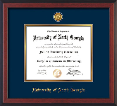 Image of University of North Georgia Diploma Frame - Cherry Reverse - w/24k Gold-Plated UNG Medallion & Name Embossing - Navy on Gold mats