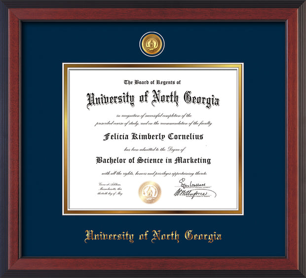 Image of University of North Georgia Diploma Frame - Cherry Reverse - w/24k Gold-Plated UNG Medallion & Name Embossing - Navy on Gold mats