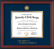 Image of University of North Georgia Diploma Frame - Cherry Reverse - w/24k Gold-Plated UNG Medallion & Wordmark Embossing - Navy on Gold mats