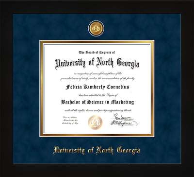 Image of University of North Georgia Diploma Frame - Flat Matte Black - w/24k Gold-Plated UNG Medallion & Name Embossing - Navy Suede on Gold mats