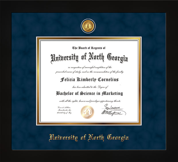 Image of University of North Georgia Diploma Frame - Flat Matte Black - w/24k Gold-Plated UNG Medallion & Name Embossing - Navy Suede on Gold mats