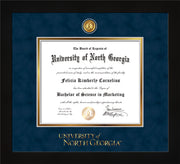 Image of University of North Georgia Diploma Frame - Flat Matte Black - w/24k Gold-Plated UNG Medallion & Wordmark Embossing - Navy Suede on Gold mats