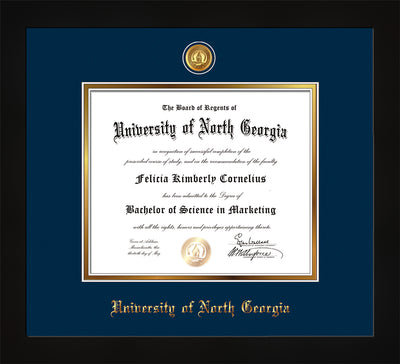 Image of University of North Georgia Diploma Frame - Flat Matte Black - w/24k Gold-Plated UNG Medallion & Name Embossing - Navy on Gold mats