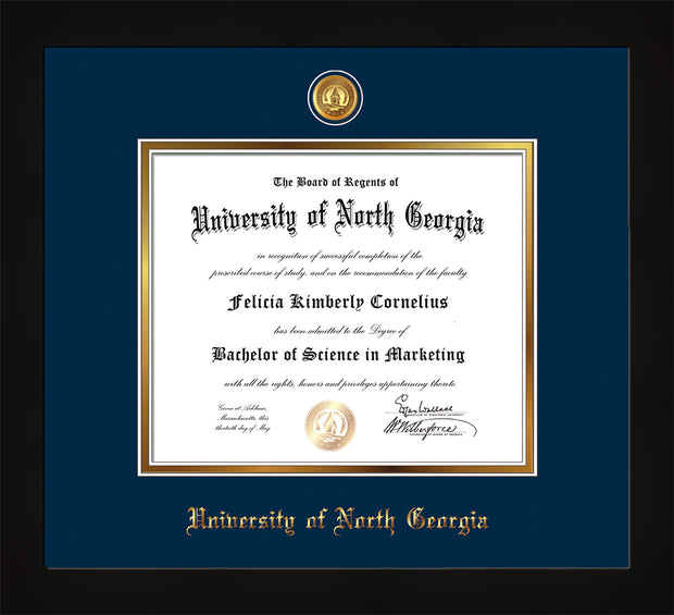 Image of University of North Georgia Diploma Frame - Flat Matte Black - w/24k Gold-Plated UNG Medallion & Name Embossing - Navy on Gold mats