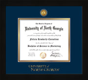 Image of University of North Georgia Diploma Frame - Flat Matte Black - w/24k Gold-Plated UNG Medallion & Wordmark Embossing - Navy on Gold mats