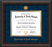 Image of University of North Georgia Diploma Frame - Mahogany Braid - w/24k Gold-Plated UNG Medallion & Name Embossing - Navy Suede on Gold mats