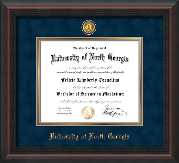 Image of University of North Georgia Diploma Frame - Mahogany Braid - w/24k Gold-Plated UNG Medallion & Name Embossing - Navy Suede on Gold mats