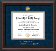 Image of University of North Georgia Diploma Frame - Mahogany Braid - w/24k Gold-Plated UNG Medallion & Wordmark Embossing - Navy Suede on Gold mats