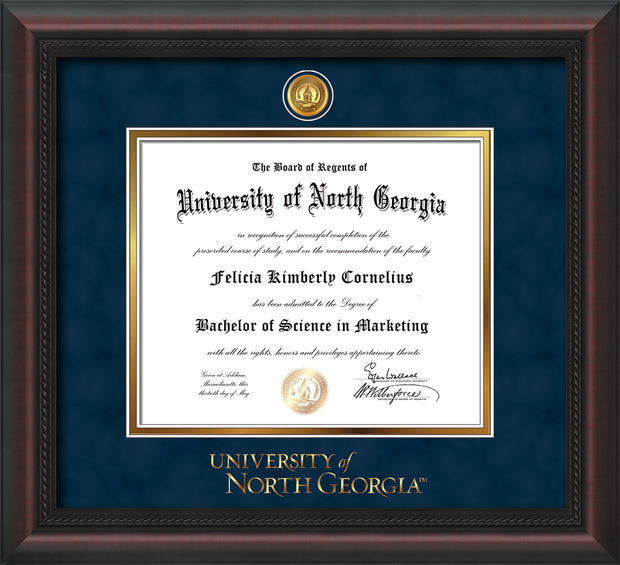 Image of University of North Georgia Diploma Frame - Mahogany Braid - w/24k Gold-Plated UNG Medallion & Wordmark Embossing - Navy Suede on Gold mats