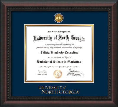 Image of University of North Georgia Diploma Frame - Mahogany Braid - w/24k Gold-Plated UNG Medallion & Wordmark Embossing - Navy on Gold mats
