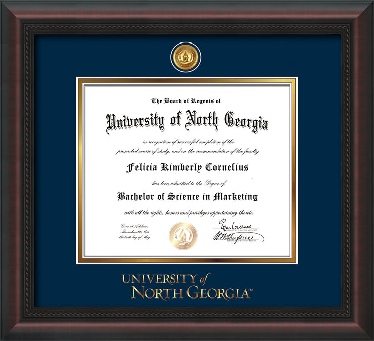 Image of University of North Georgia Diploma Frame - Mahogany Braid - w/24k Gold-Plated UNG Medallion & Wordmark Embossing - Navy on Gold mats