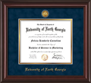 Image of University of North Georgia Diploma Frame - Mahogany Lacquer - w/24k Gold-Plated UNG Medallion & Name Embossing - Navy Suede on Gold mats