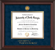 Image of University of North Georgia Diploma Frame - Mahogany Lacquer - w/24k Gold-Plated UNG Medallion & Wordmark Embossing - Navy Suede on Gold mats