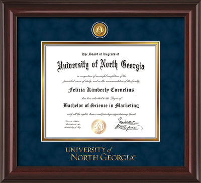 Image of University of North Georgia Diploma Frame - Mahogany Lacquer - w/24k Gold-Plated UNG Medallion & Wordmark Embossing - Navy Suede on Gold mats
