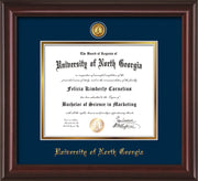 Image of University of North Georgia Diploma Frame - Mahogany Lacquer - w/24k Gold-Plated UNG Medallion & Name Embossing - Navy on Gold mats
