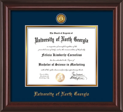 Image of University of North Georgia Diploma Frame - Mahogany Lacquer - w/24k Gold-Plated UNG Medallion & Name Embossing - Navy on Gold mats