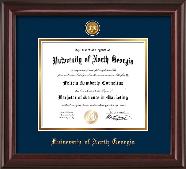 Image of University of North Georgia Diploma Frame - Mahogany Lacquer - w/24k Gold-Plated UNG Medallion & Name Embossing - Navy on Gold mats