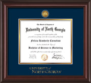 Image of University of North Georgia Diploma Frame - Mahogany Lacquer - w/24k Gold-Plated UNG Medallion & Wordmark Embossing - Navy on Gold mats