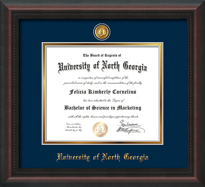Image of University of North Georgia Diploma Frame - Mahogany Braid - w/24k Gold-Plated UNG Medallion & Name Embossing - Navy on Gold mats