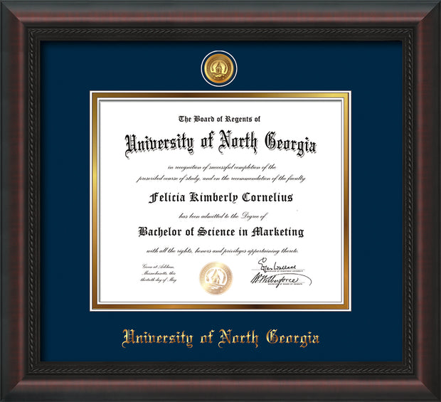 Image of University of North Georgia Diploma Frame - Mahogany Braid - w/24k Gold-Plated UNG Medallion & Name Embossing - Navy on Gold mats