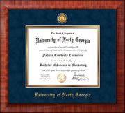 Image of University of North Georgia Diploma Frame - Mezzo Gloss - w/24k Gold-Plated UNG Medallion & Name Embossing - Navy Suede on Gold mats