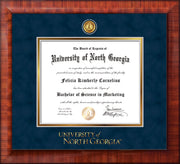 Image of University of North Georgia Diploma Frame - Mezzo Gloss - w/24k Gold-Plated UNG Medallion & Wordmark Embossing - Navy Suede on Gold mats