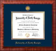 Image of University of North Georgia Diploma Frame - Black Lacquer - w/24k Gold-Plated UNG Medallion & Name Embossing - Navy on Gold mats