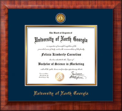 Image of University of North Georgia Diploma Frame - Black Lacquer - w/24k Gold-Plated UNG Medallion & Name Embossing - Navy on Gold mats