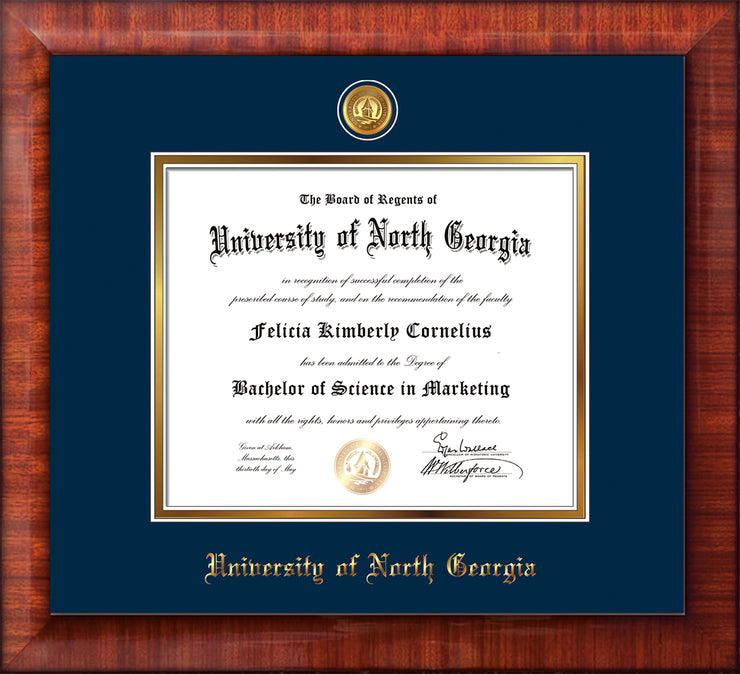 Image of University of North Georgia Diploma Frame - Black Lacquer - w/24k Gold-Plated UNG Medallion & Name Embossing - Navy on Gold mats