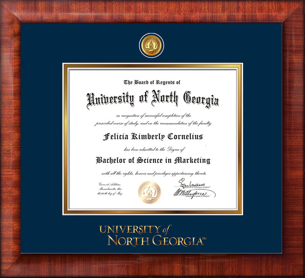 Image of University of North Georgia Diploma Frame - Mezzo Gloss - w/24k Gold-Plated UNG Medallion & Wordmark Embossing - Navy on Gold mats