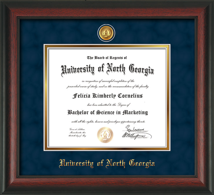 Image of University of North Georgia Diploma Frame - Rosewood - w/24k Gold-Plated UNG Medallion & Name Embossing - Navy Suede on Gold mats