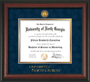 Image of University of North Georgia Diploma Frame - Rosewood - w/24k Gold-Plated UNG Medallion & Wordmark Embossing - Navy Suede on Gold mats