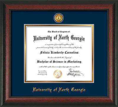 Image of University of North Georgia Diploma Frame - Rosewood - w/24k Gold-Plated UNG Medallion & Name Embossing - Navy on Gold mats