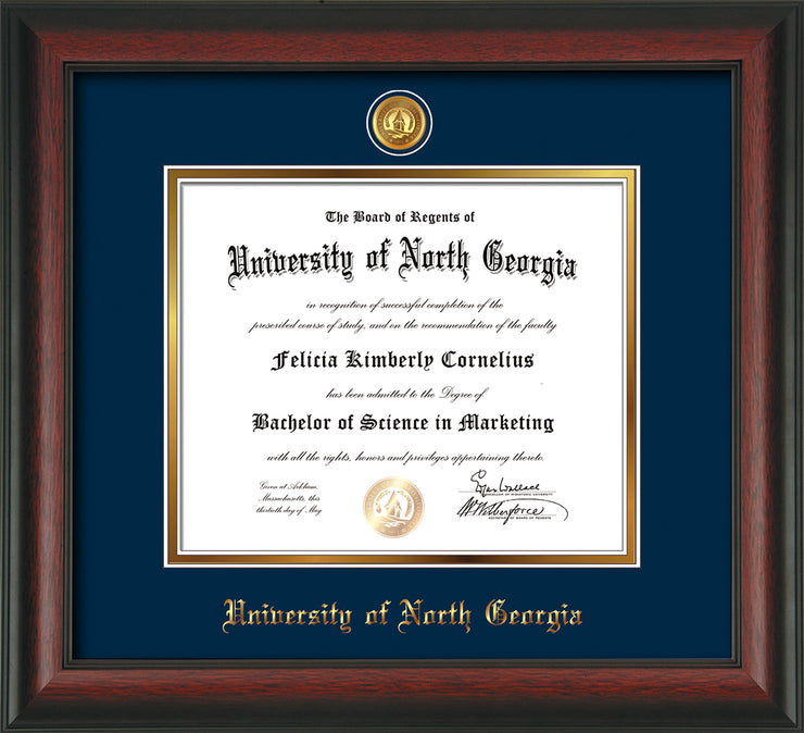 Image of University of North Georgia Diploma Frame - Rosewood - w/24k Gold-Plated UNG Medallion & Name Embossing - Navy on Gold mats